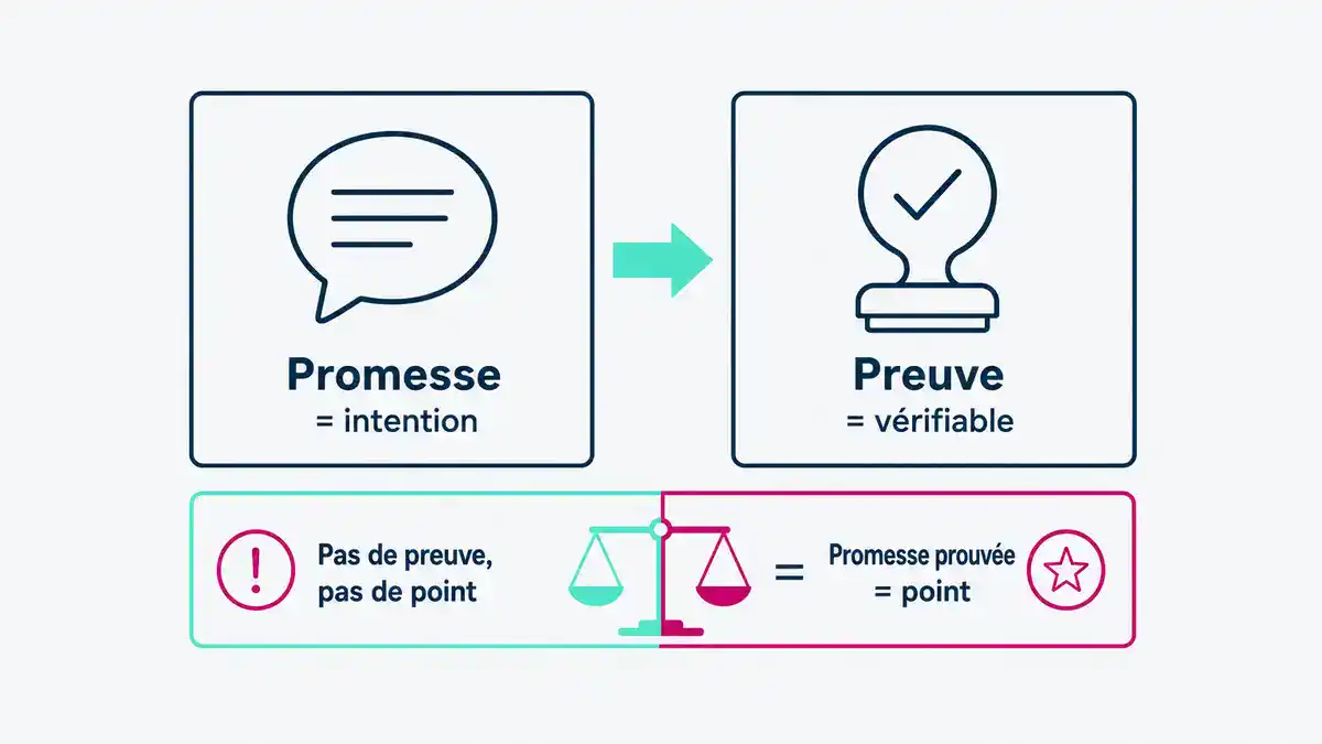 Infographie : promesse et preuve dans un mémoire technique, la logique qui fait la note La réponse courte sur les preuves dans un mémoire technique : une promesse prouvée devient un point