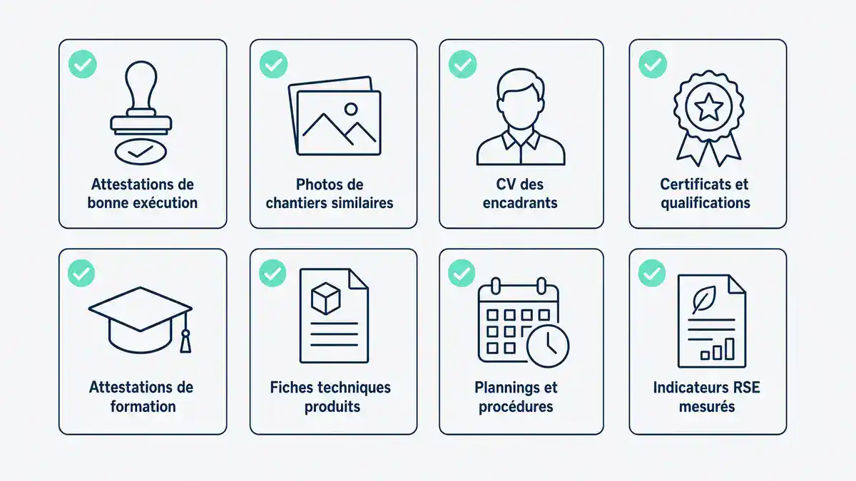 Grille : les familles de preuves dans un mémoire technique et leur usage selon le critère évalué Les types de preuves dans un mémoire technique BTP : attestations, photos, CV, certificats, plannings