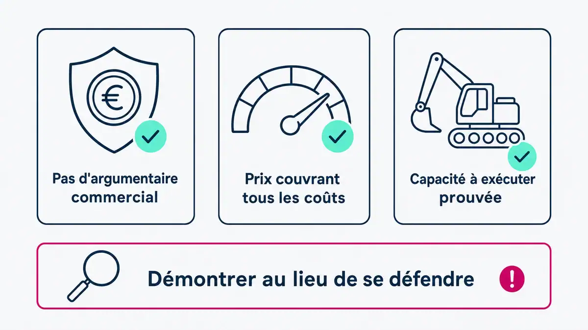 Infographie : ce que l'acheteur attend réellement d'une réponse à une offre anormalement basse Ce que l'acheteur vérifie face à un prix anormalement bas : coûts, rendements, capacité d'exécution