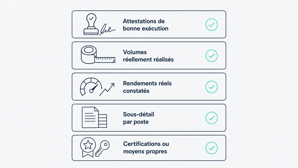 Infographie : attestations, volumes et rendements pour défendre un prix anormalement bas Les preuves qui font la différence dans une réponse à un prix anormalement bas