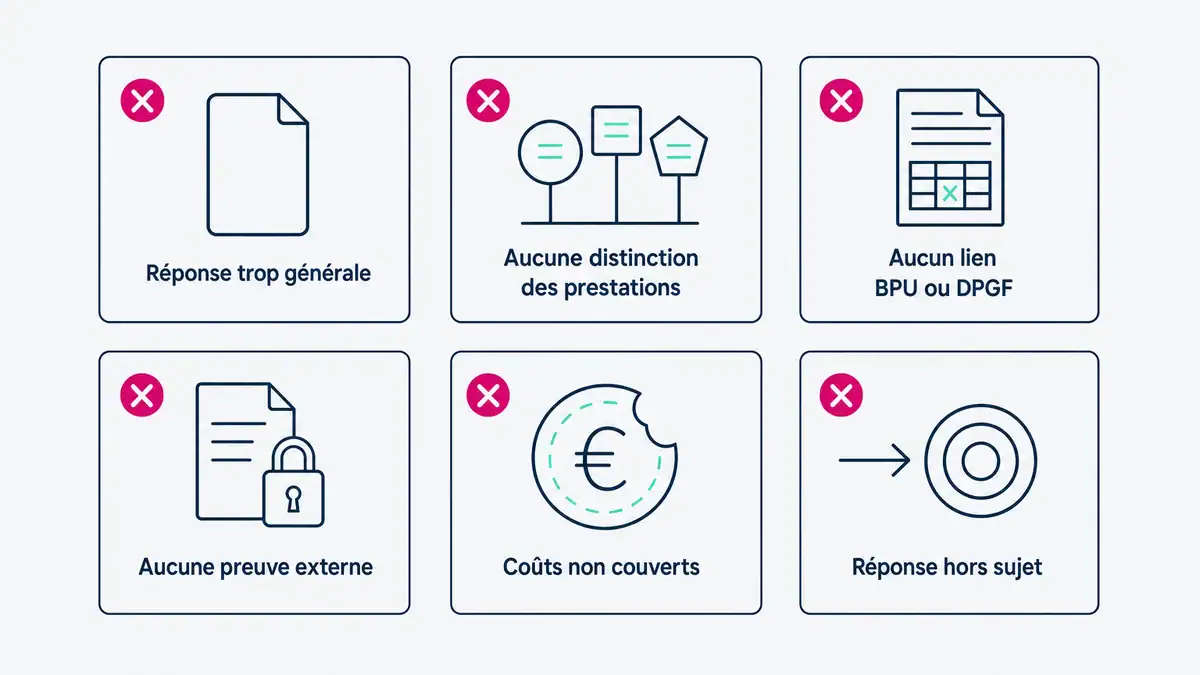 Infographie : les réponses mal construites qui mènent à l'élimination pour prix anormalement bas Les six raisons qui font rejeter une réponse à un prix anormalement bas dès le premier examen