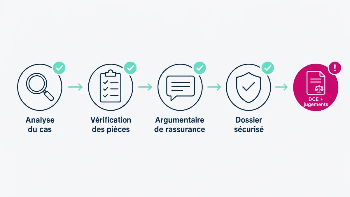 Infographie : les quatre étapes de l'accompagnement Odécia, du DCE aux jugements Odécia sécurise votre réponse à appel d'offres en situation de redressement judiciaire
