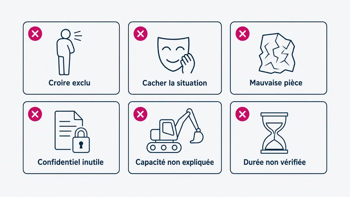 Infographie : les six erreurs à éviter pour ne pas perdre un marché en redressement Six erreurs qui font rejeter une candidature à un marché public en redressement judiciaire