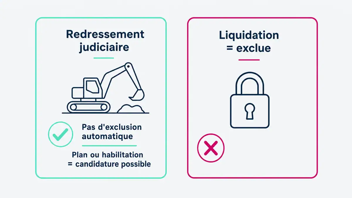 Infographie : deux issues, candidature possible avec plan ou habilitation, exclusion en liquidation Entreprise en redressement judiciaire pouvant candidater à un marché public sans exclusion automatique