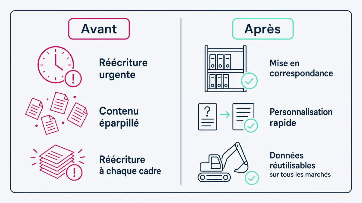 Infographie : mise en correspondance des données au lieu d'une réécriture urgente Avant et après la bibliothèque de données pour répondre à un cadre de mémoire technique