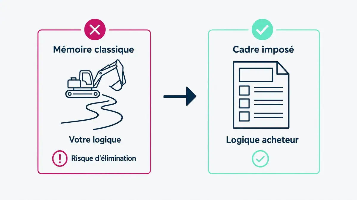 Infographie : piège n°2, logique de l'acheteur contre logique de l'entreprise Envoyer son mémoire classique au lieu du cadre de mémoire technique imposé