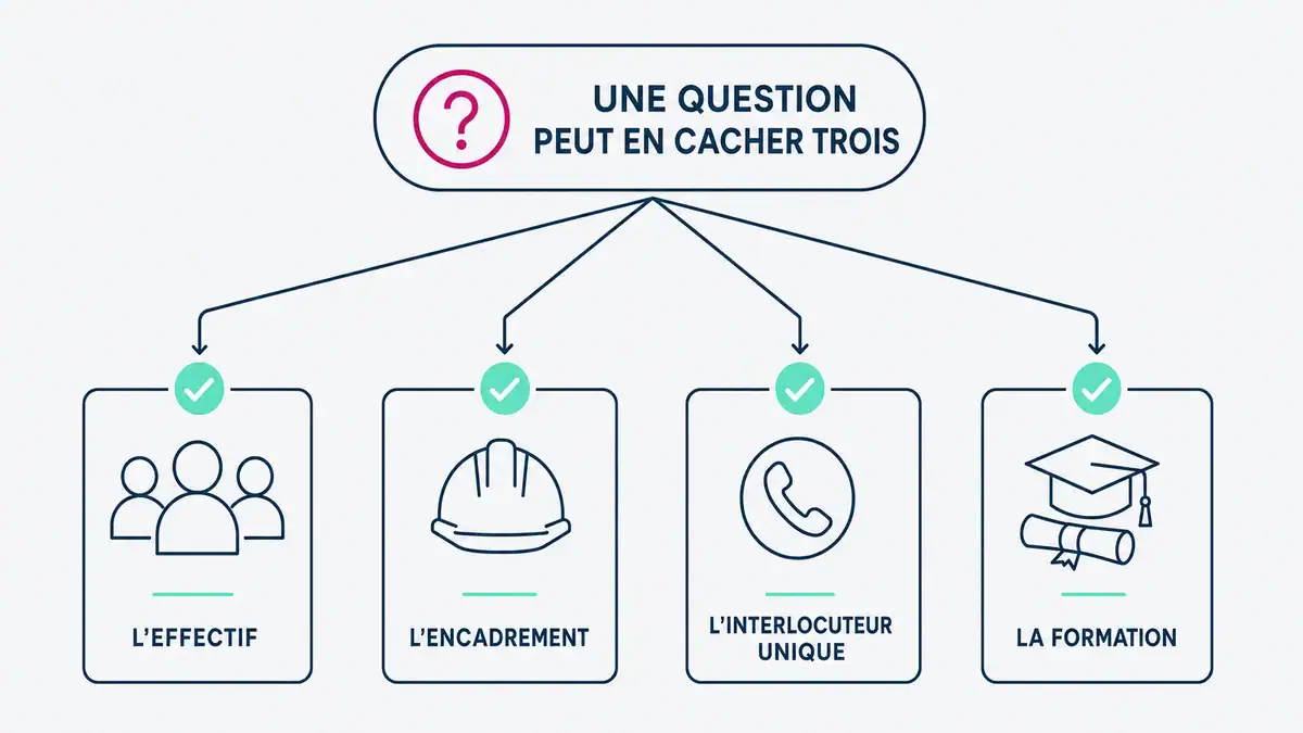 Infographie : décomposer effectif, encadrement, interlocuteur unique et formation Une question de cadre de mémoire technique peut cacher plusieurs demandes
