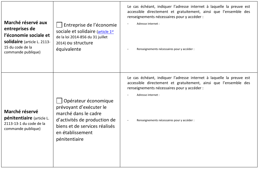Extrait de la rubrique C2 présentant les marchés réservés à l'économie sociale et solidaire et le cas pénitentiaire