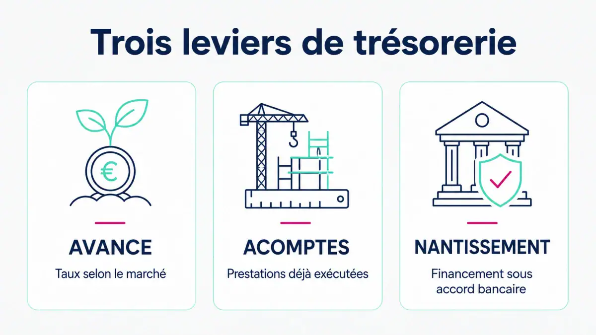 Avance selon le marché, acomptes sur prestations exécutées et financement bancaire garanti par nantissement