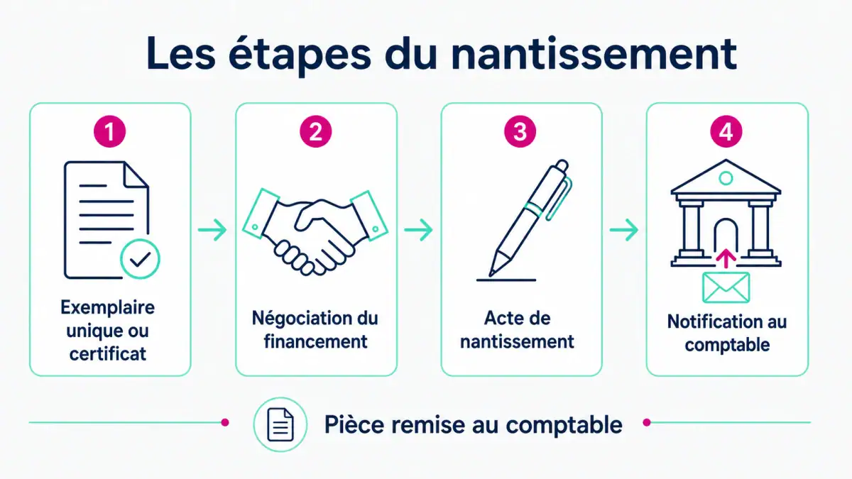 Quatre étapes : document de créance, négociation, acte de nantissement et notification au comptable