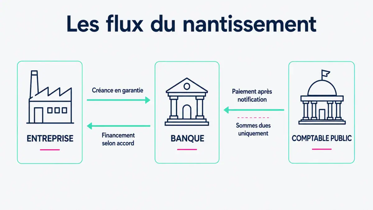 Flux entre entreprise, banque et comptable public : garantie, financement accepté et paiement des sommes dues après notification