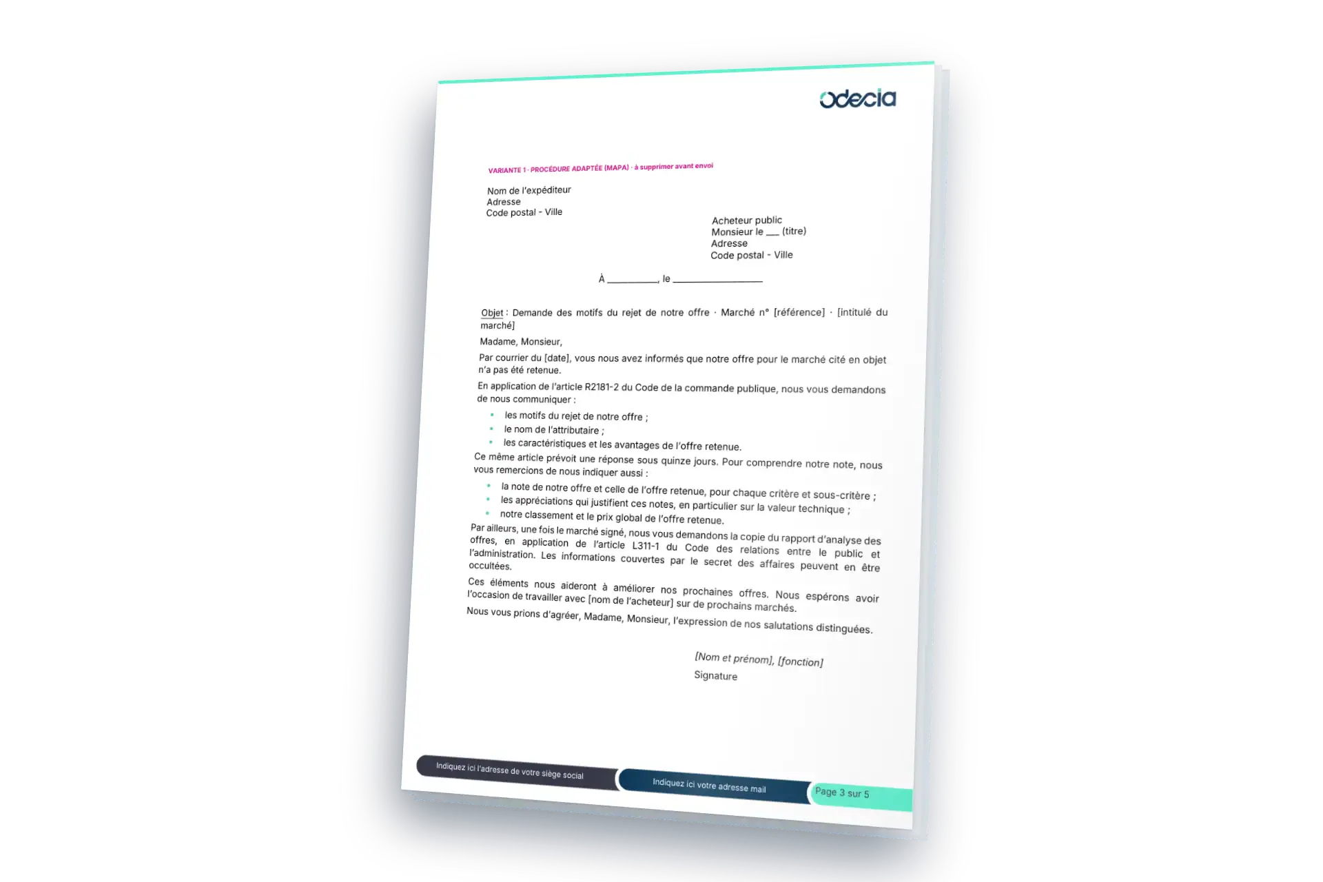 Courrier de demande des motifs de rejet d'une offre, variante procédure adaptée