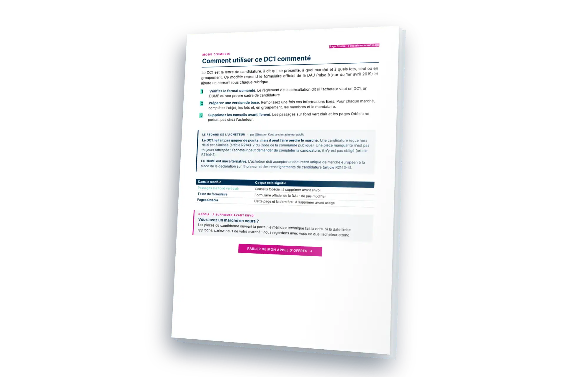 Mode d’emploi du modèle « Formulaire DC1 commenté » : étapes et regard de l’acheteur